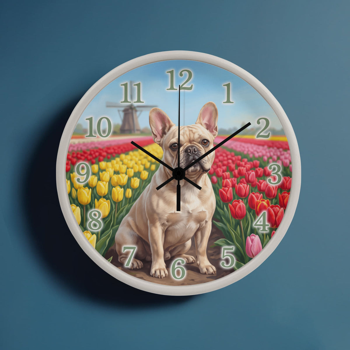 French Bulldog Wooden Clock – "Tulip Field" Wall Clock