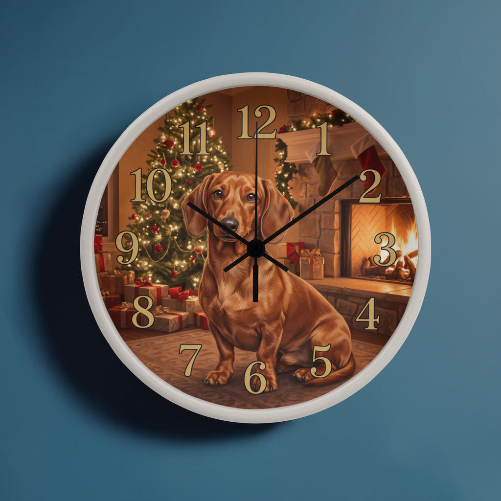 Dachshund Wooden Clock – "Christmas Fireside" Chocolate Wall Clock