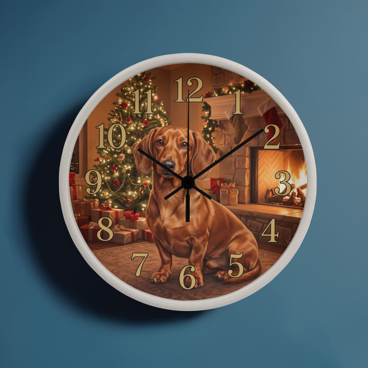 Dachshund Wooden Clock – "Christmas Fireside" Chocolate Wall Clock