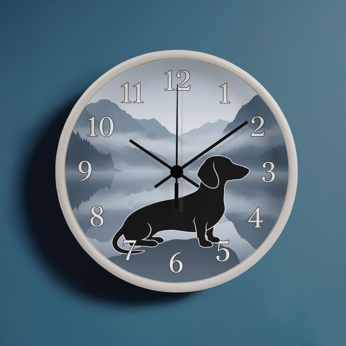 Dachshund Wooden Clock – "Misty Mountains" Wall Clock