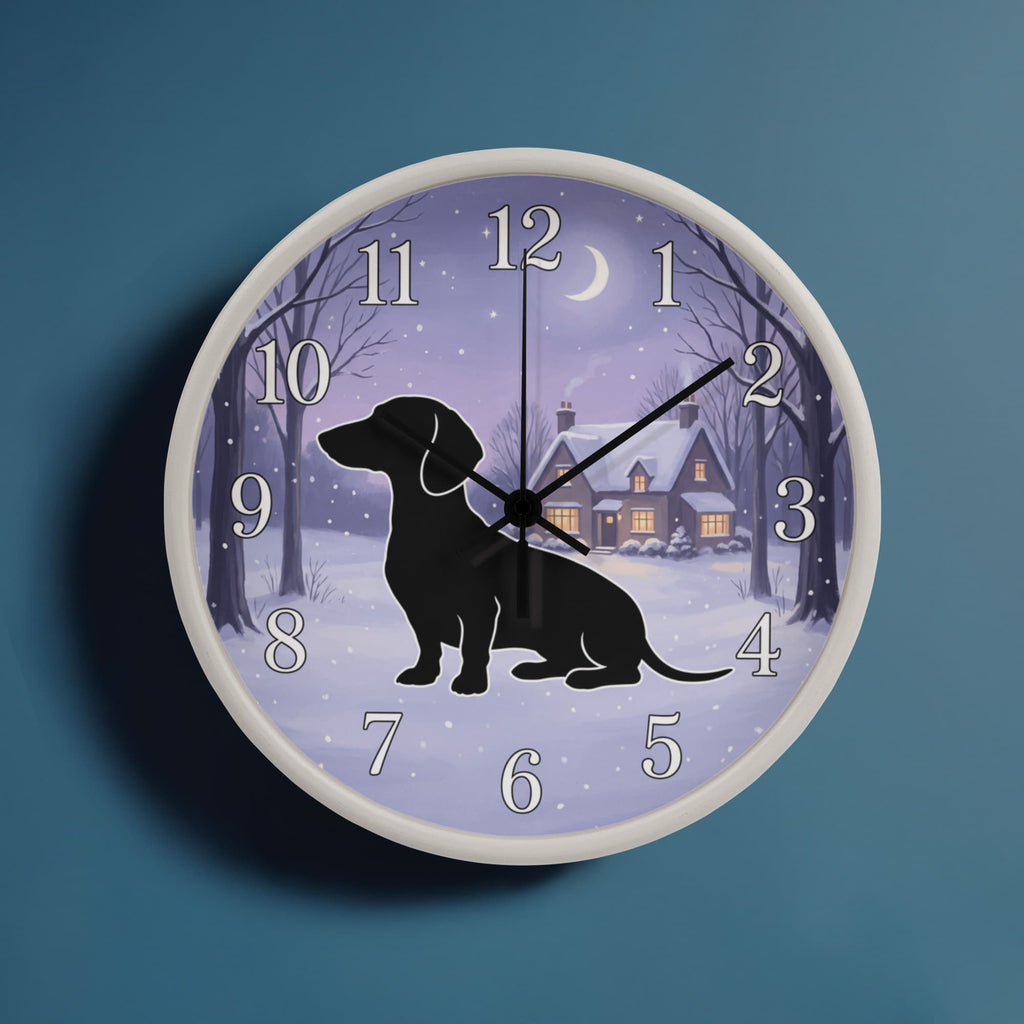 Dachshund Wooden Clock – "Winter Cottage Silhouette" Wall Clock