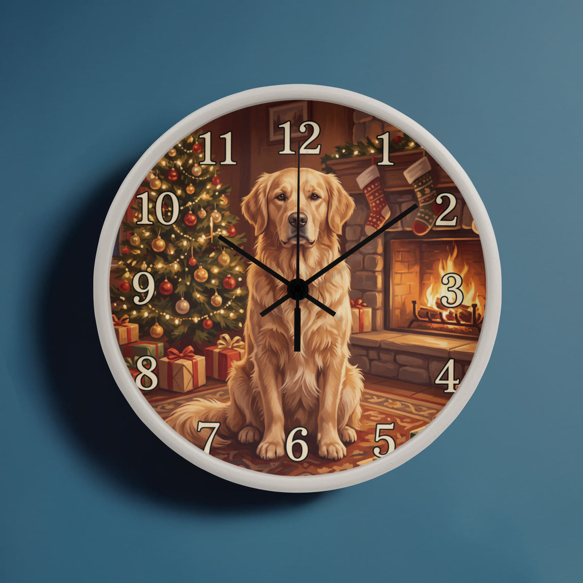 Golden Retriever Wooden Clock – "Christmas by the Fire" Wall Clock