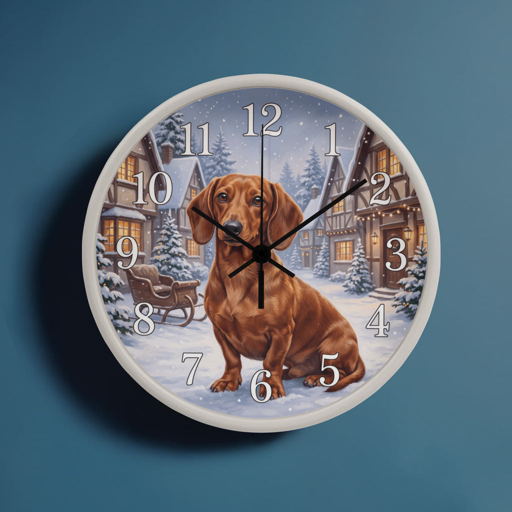 Dachshund Wooden Clock – "Snowy Village" Red Wall Clock