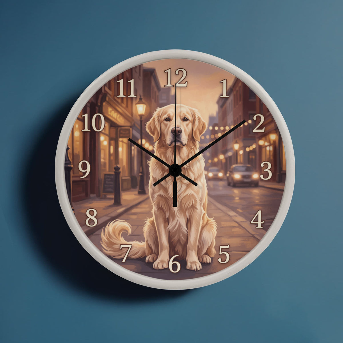 Golden Retriever Wooden Clock – "Golden Hour Street" Wall Clock