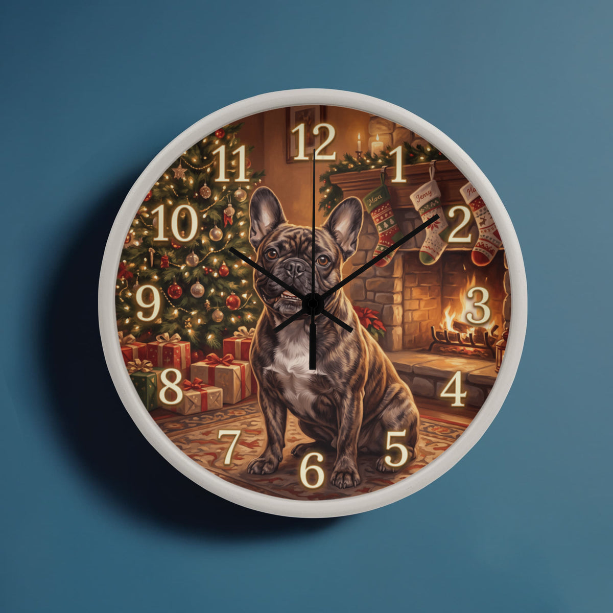 French Bulldog Wooden Clock – "Christmas Fireplace" Wall Clock