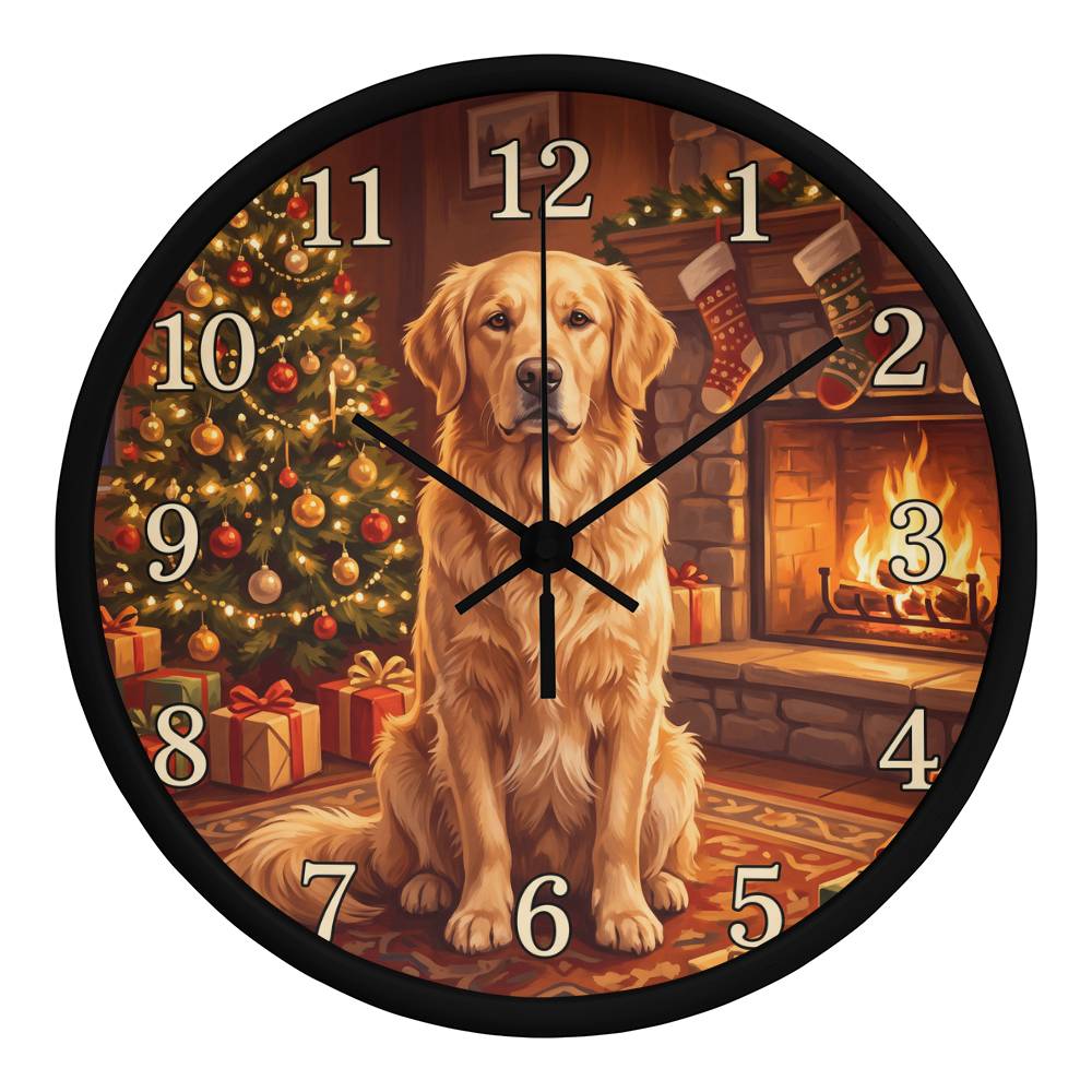 Golden Retriever Wooden Clock – "Christmas by the Fire" Wall Clock