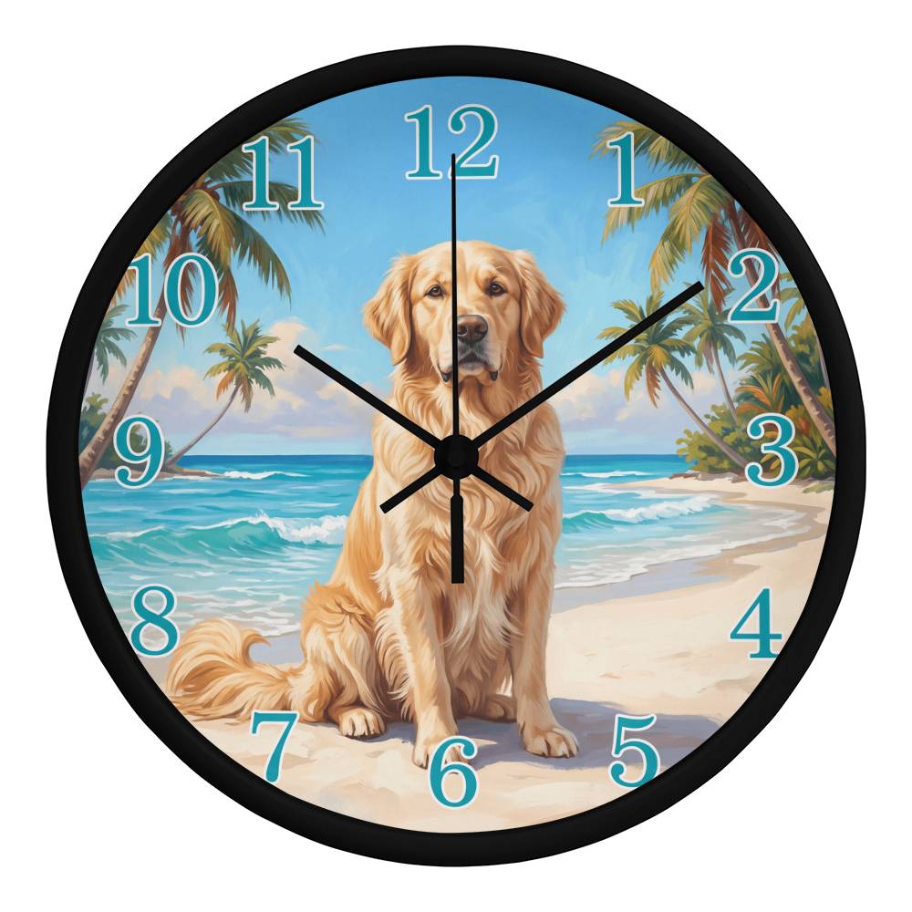 Golden Retriever Wooden Clock – "Tropical Beach" Wall Clock