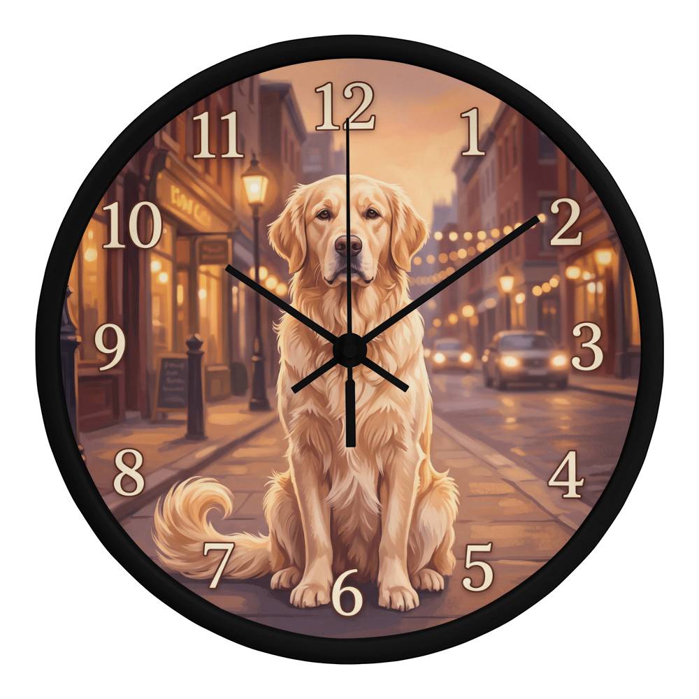 Golden Retriever Wooden Clock – "Golden Hour Street" Wall Clock