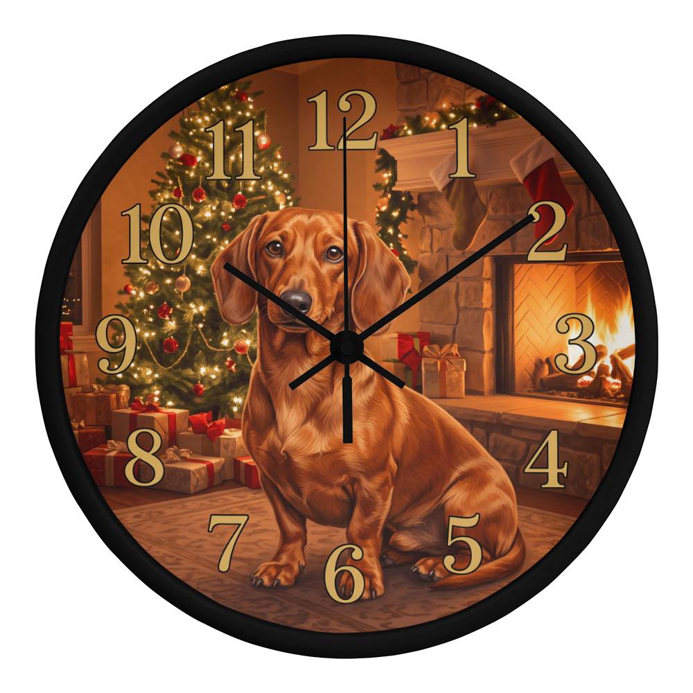 Dachshund Wooden Clock – "Christmas Fireside" Chocolate Wall Clock
