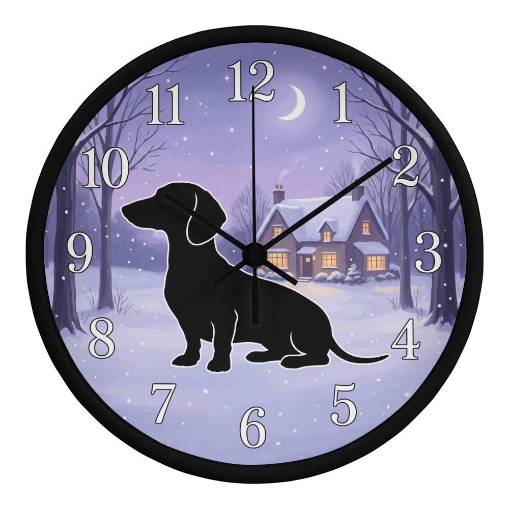 Dachshund Wooden Clock – "Winter Cottage Silhouette" Wall Clock