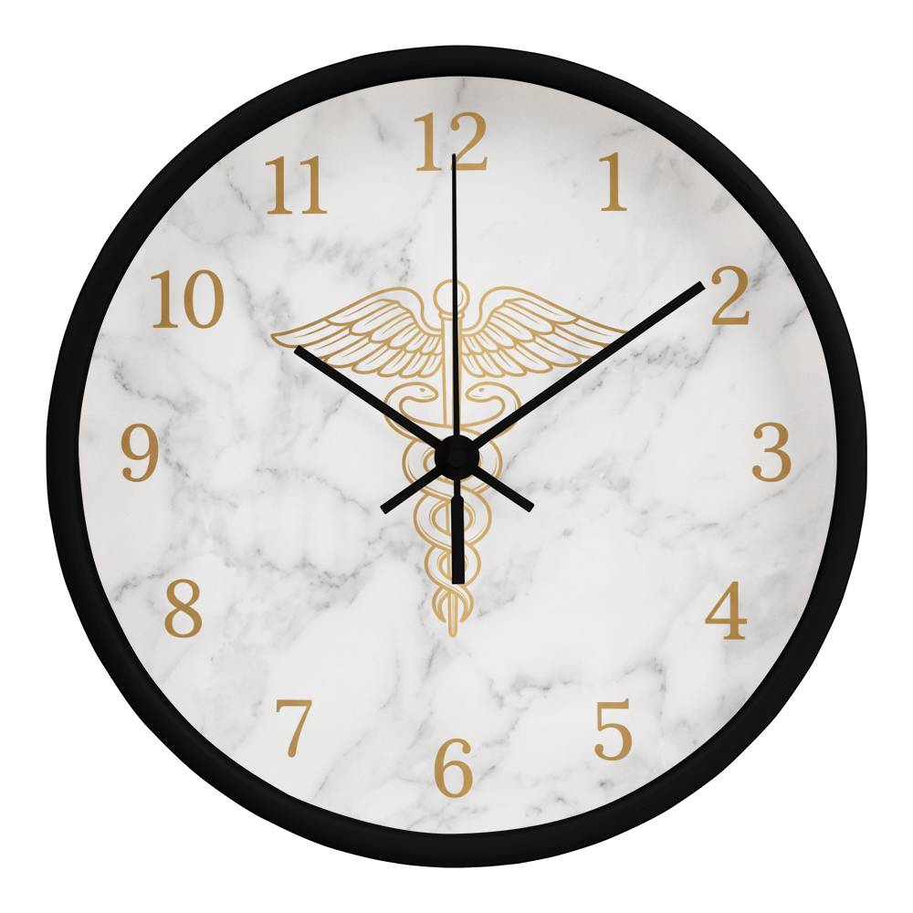 Nurse Wooden Clock – Gold Caduceus Marble Wall Clock