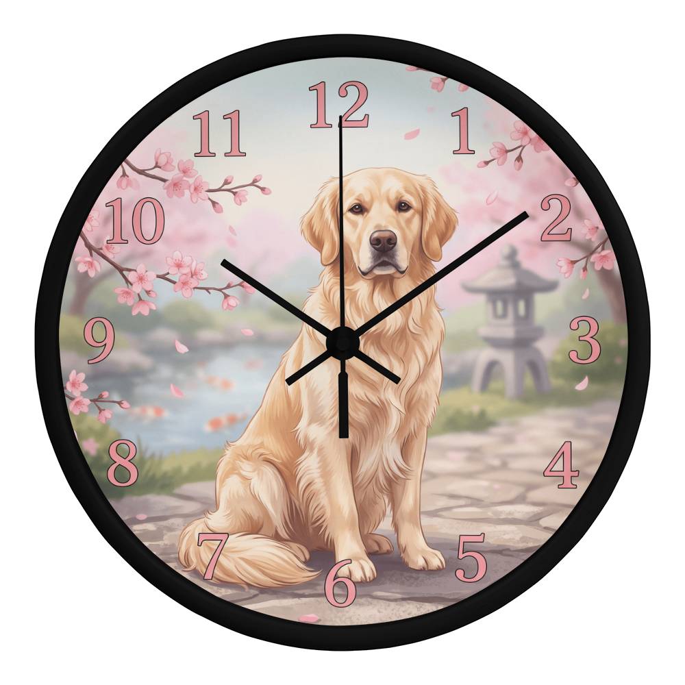 Golden Retriever Wooden Clock – "Cherry Blossom Garden" Wall Clock