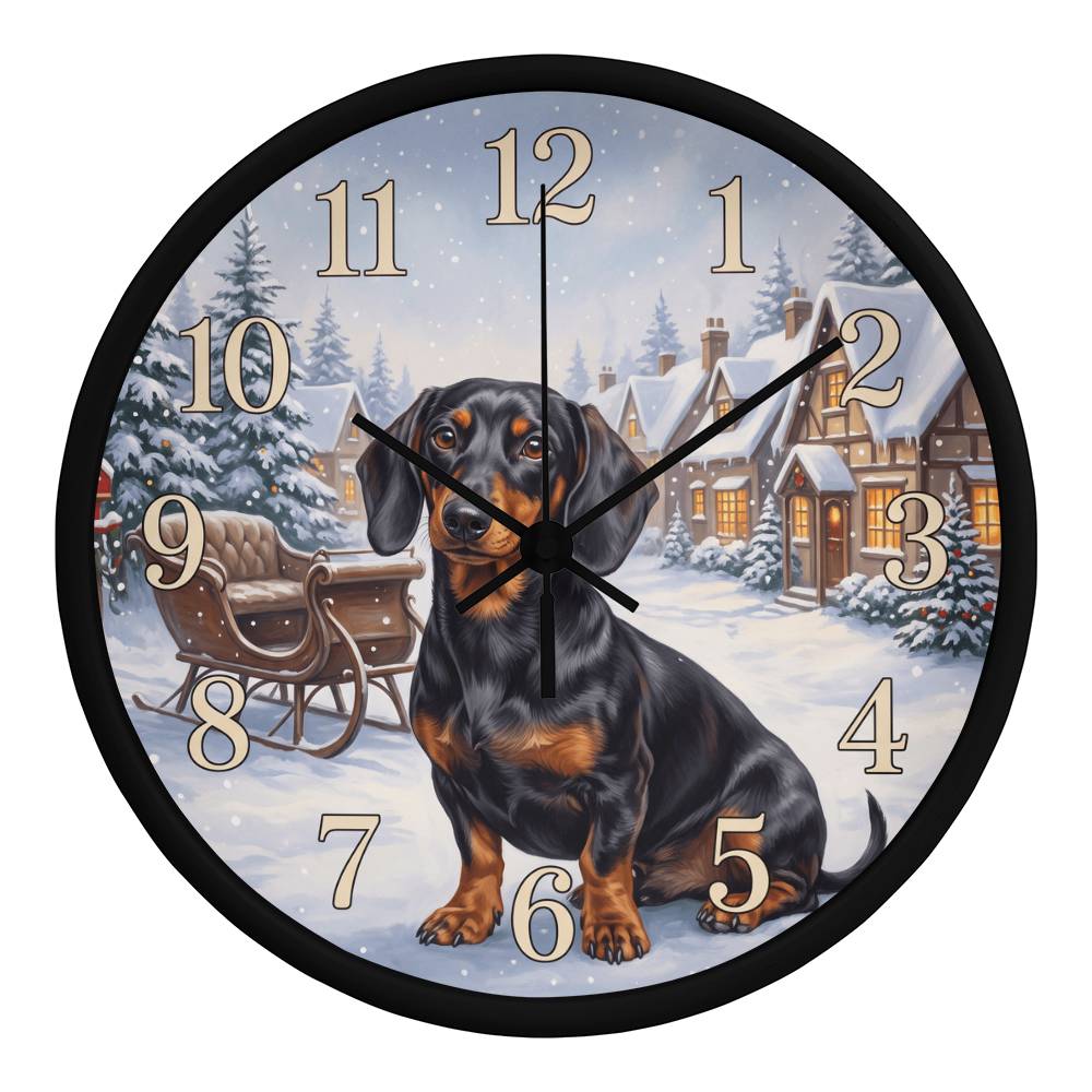 Dachshund Wooden Clock – "Snowy Village" Black & Tan Wall Clock