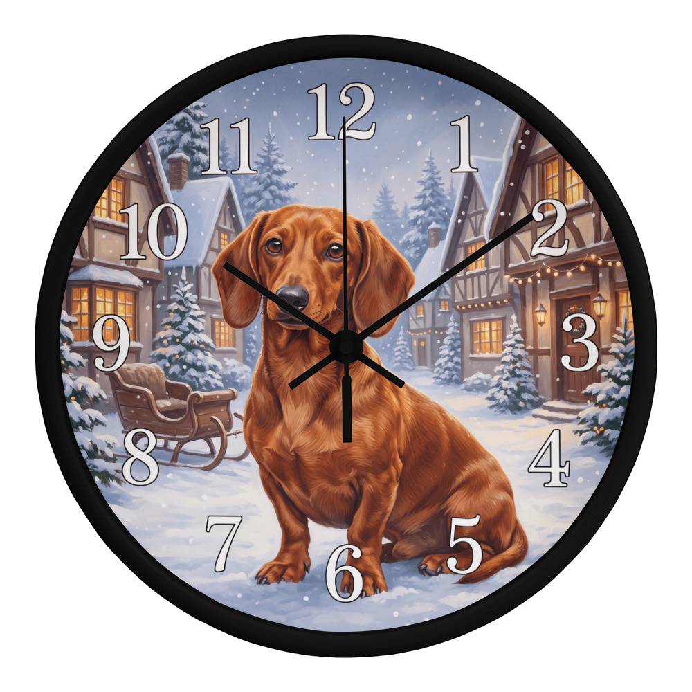 Dachshund Wooden Clock – "Snowy Village" Red Wall Clock