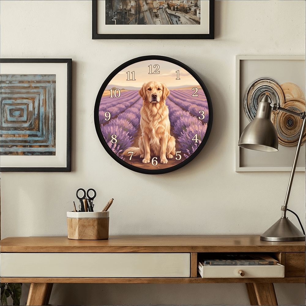 Golden Retriever Wooden Clock – "Lavender Fields" Wall Clock