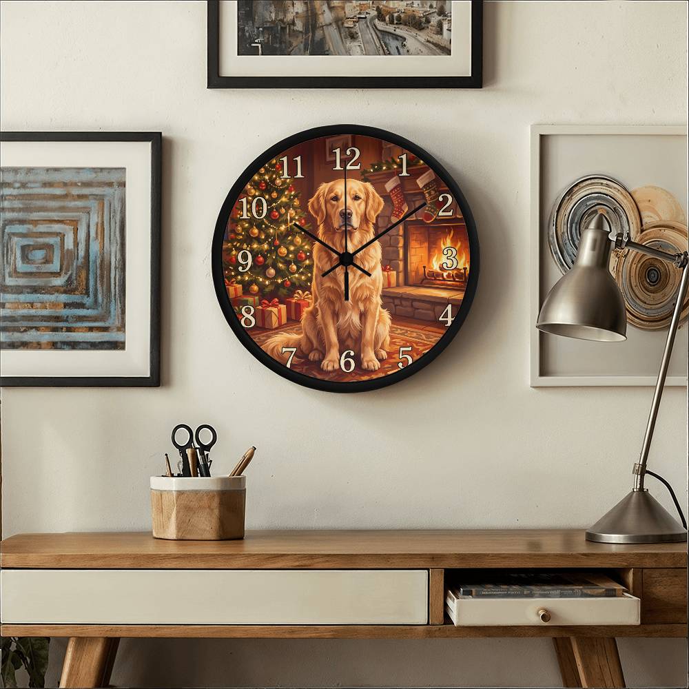 Golden Retriever Wooden Clock – "Christmas by the Fire" Wall Clock