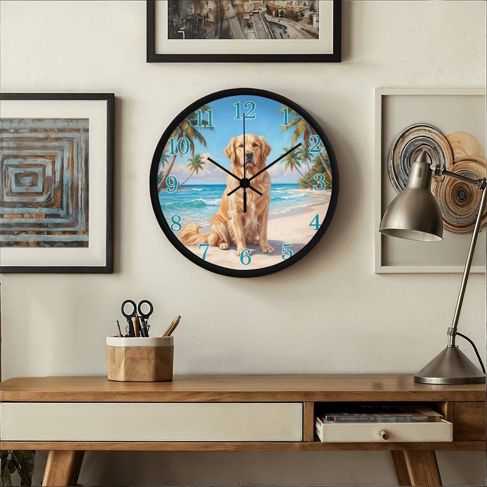 Golden Retriever Wooden Clock – "Tropical Beach" Wall Clock