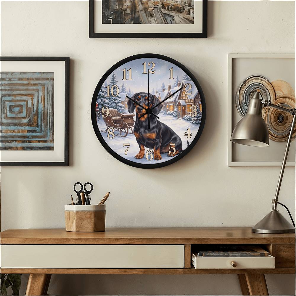 Dachshund Wooden Clock – "Snowy Village" Black & Tan Wall Clock