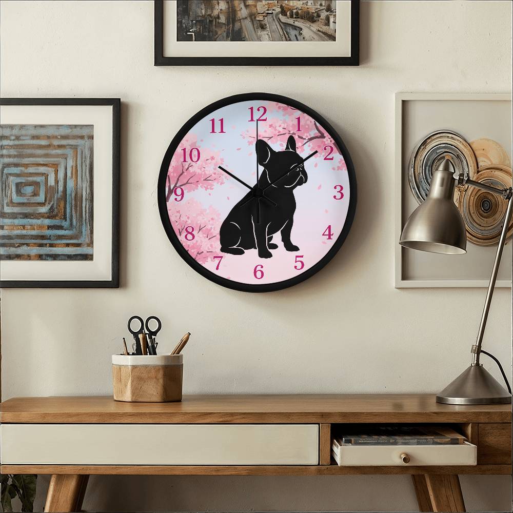 French Bulldog Wooden Clock – "Cherry Blossom" Silhouette Wall Clock
