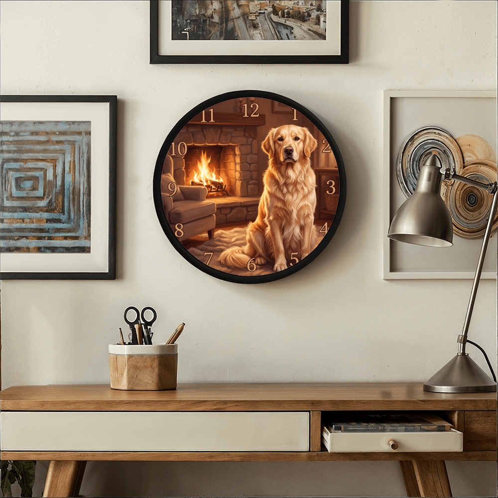 Golden Retriever Wooden Clock – "Cozy Fireside" Wall Clock