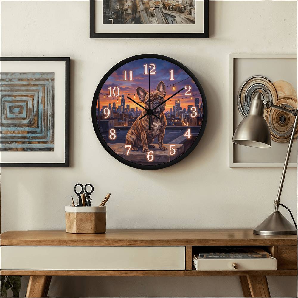French Bulldog Wooden Clock – "City Rooftop" Wall Clock