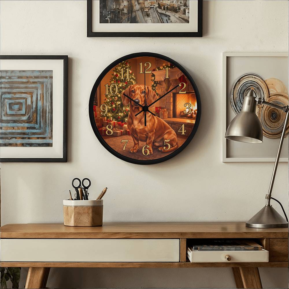 Dachshund Wooden Clock – "Christmas Fireside" Chocolate Wall Clock