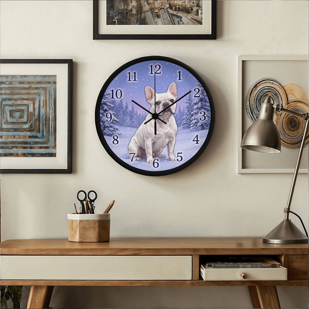 French Bulldog Wooden Clock – "Snowy Forest" White Wall Clock