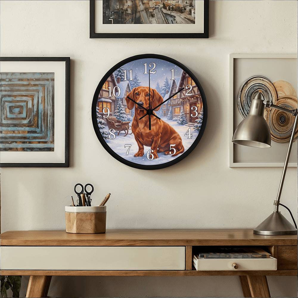 Dachshund Wooden Clock – "Snowy Village" Red Wall Clock