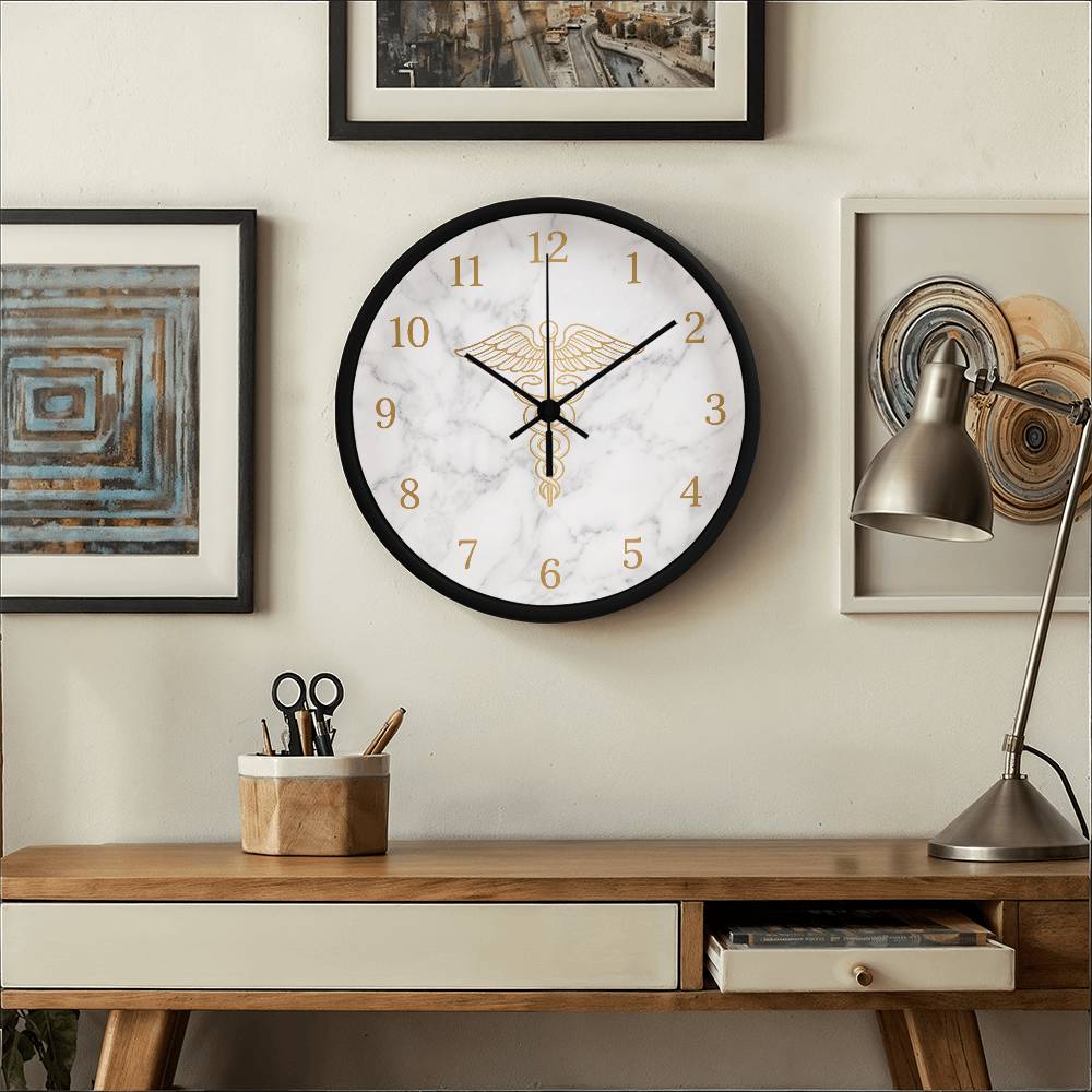 Nurse Wooden Clock – Gold Caduceus Marble Wall Clock