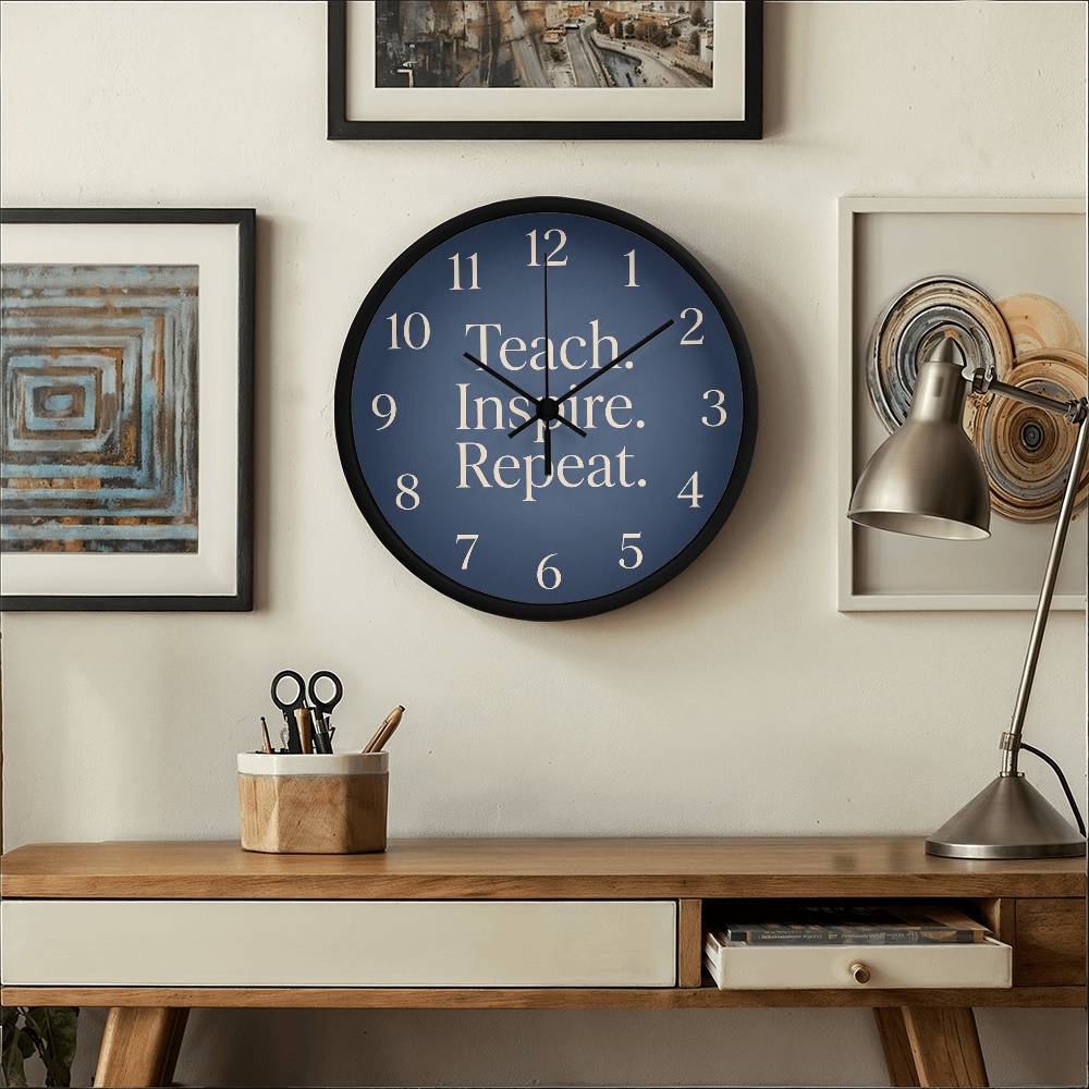 Teacher Wooden Clock – "Teach. Inspire. Repeat." Navy Wall Clock