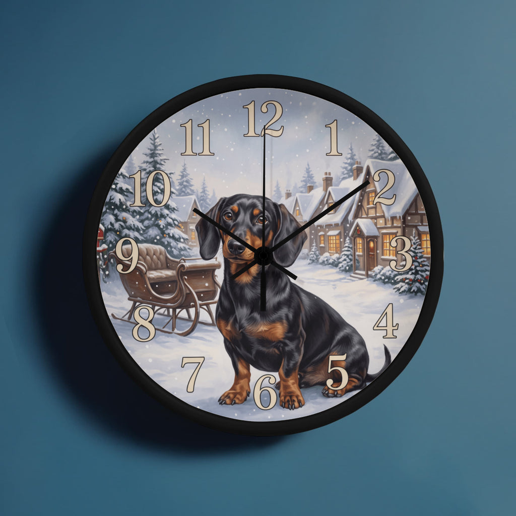 Dachshund Wooden Clock – "Snowy Village" Black & Tan Wall Clock
