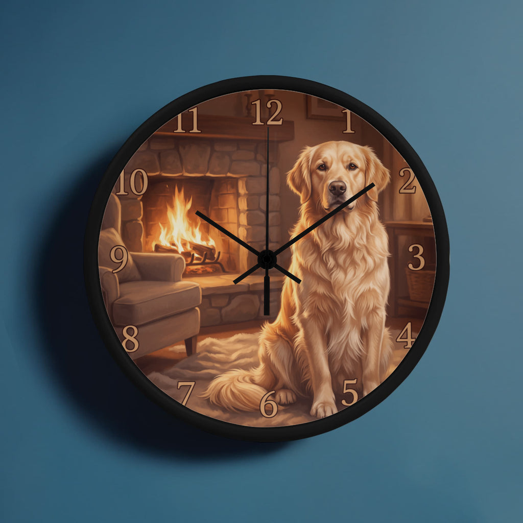 Golden Retriever Wooden Clock – "Cozy Fireside" Wall Clock