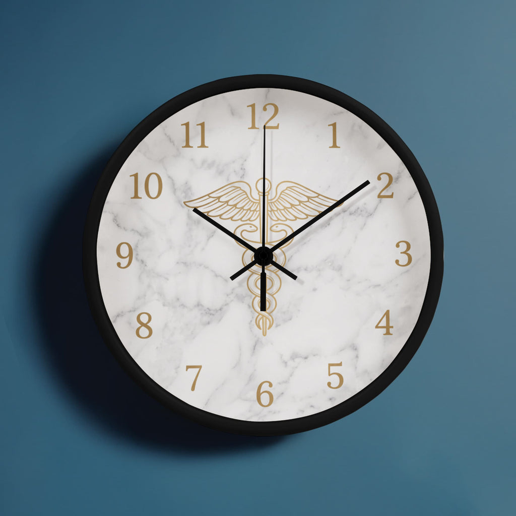 Nurse Wooden Clock – Gold Caduceus Marble Wall Clock