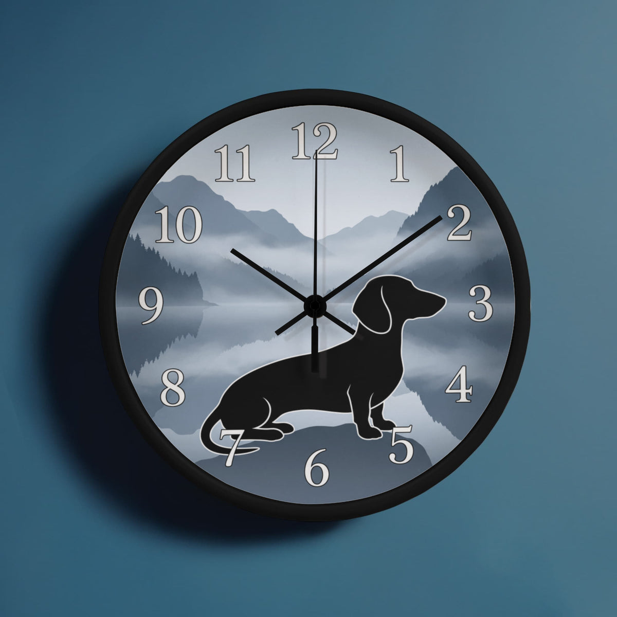Dachshund Wooden Clock – "Misty Mountains" Wall Clock