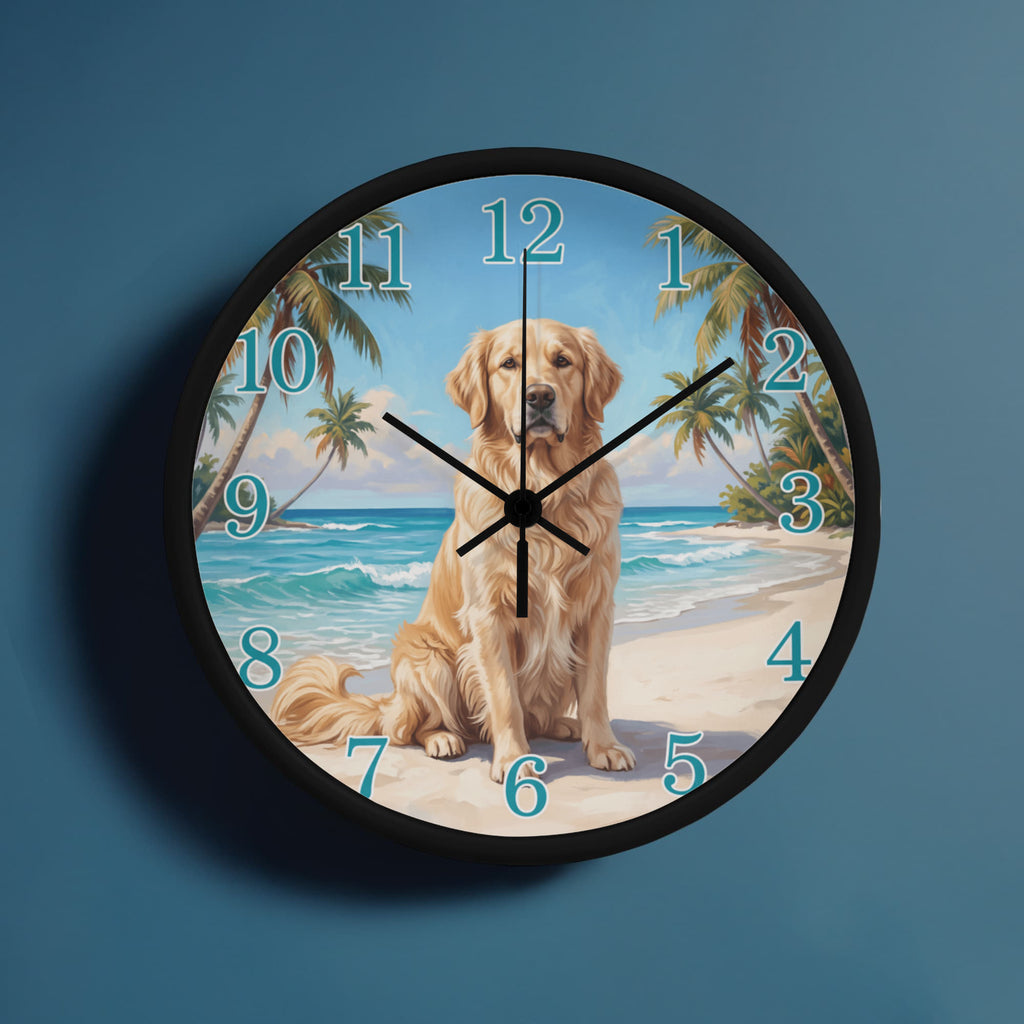Golden Retriever Wooden Clock – "Tropical Beach" Wall Clock