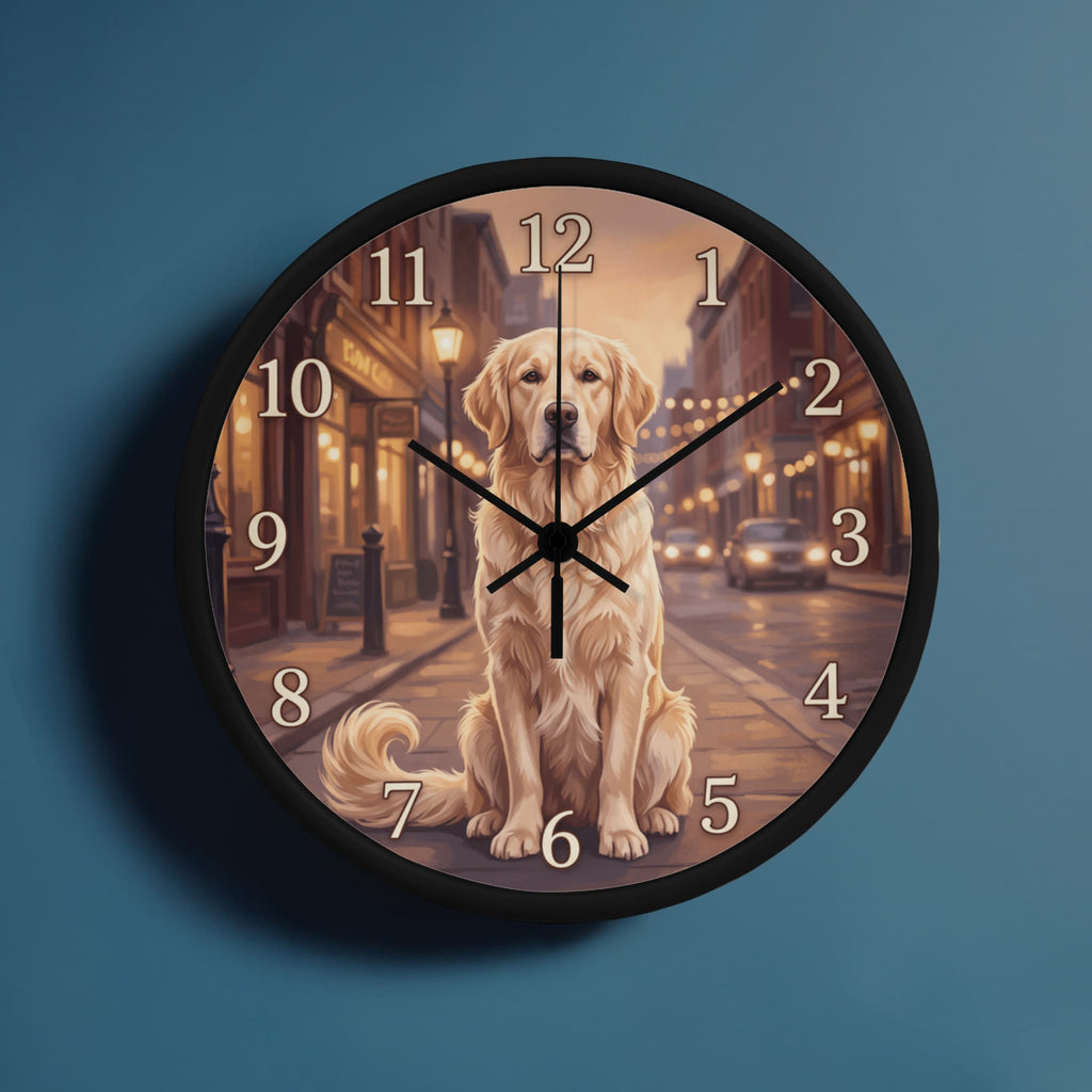Golden Retriever Wooden Clock – "Golden Hour Street" Wall Clock