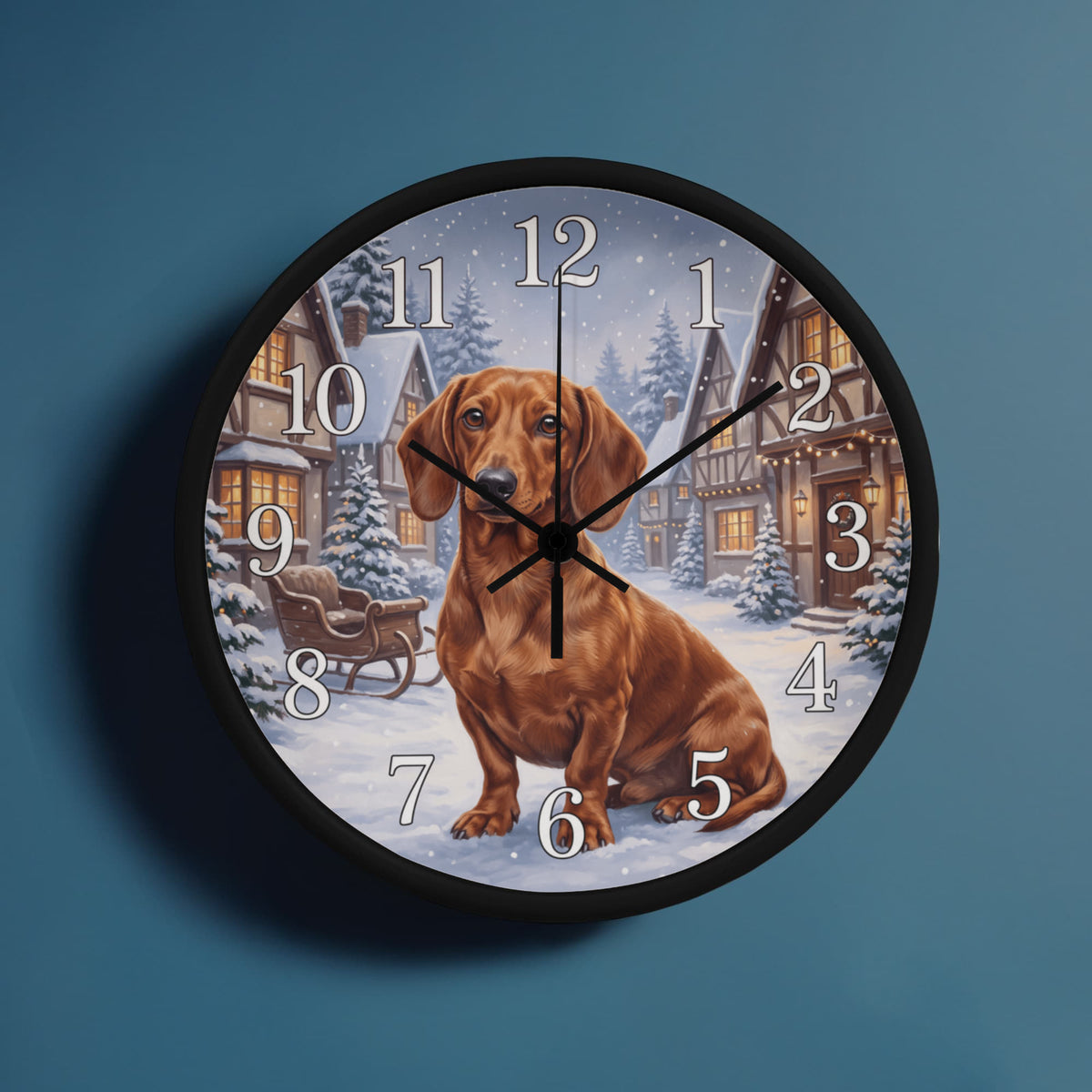 Dachshund Wooden Clock – "Snowy Village" Red Wall Clock