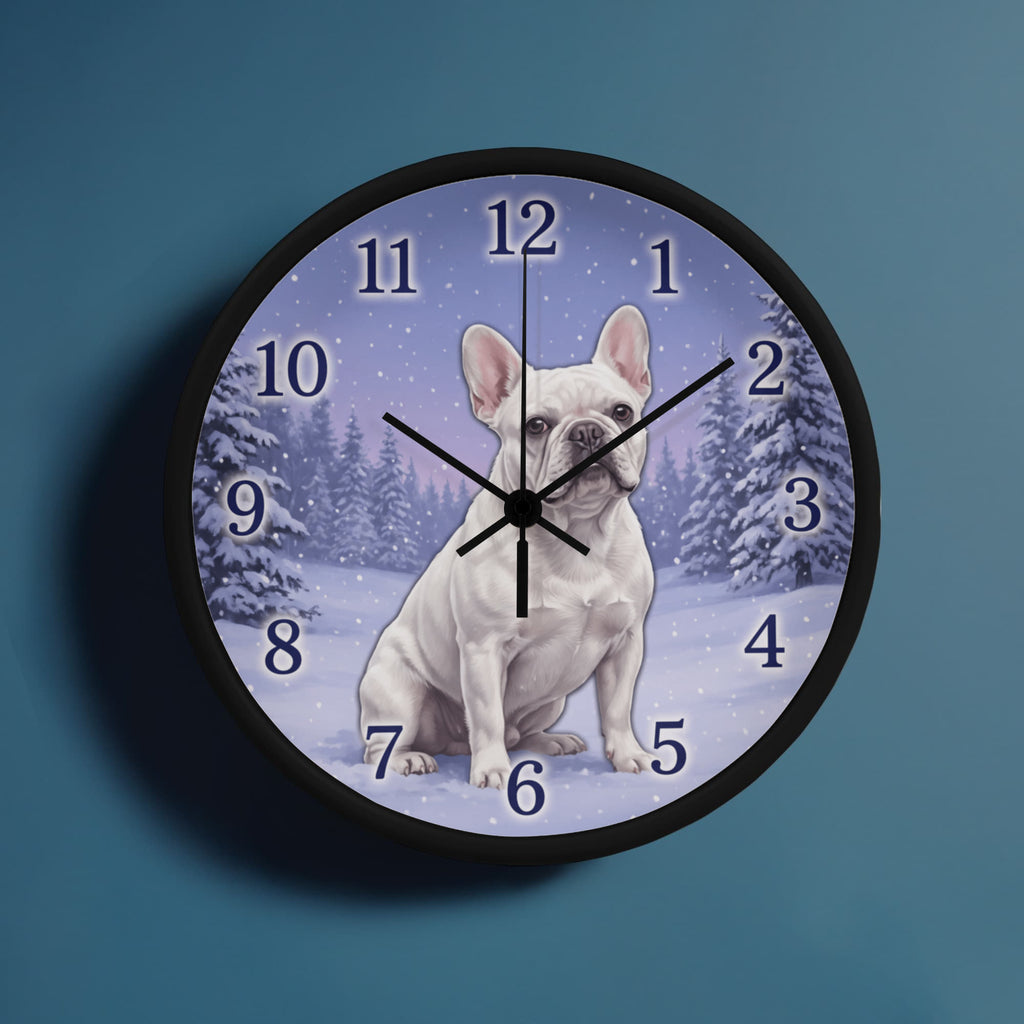 French Bulldog Wooden Clock – "Snowy Forest" White Wall Clock