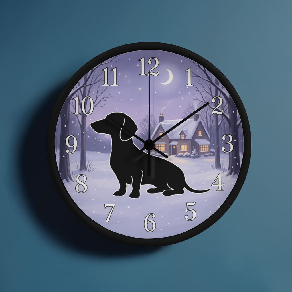 Dachshund Wooden Clock – "Winter Cottage Silhouette" Wall Clock