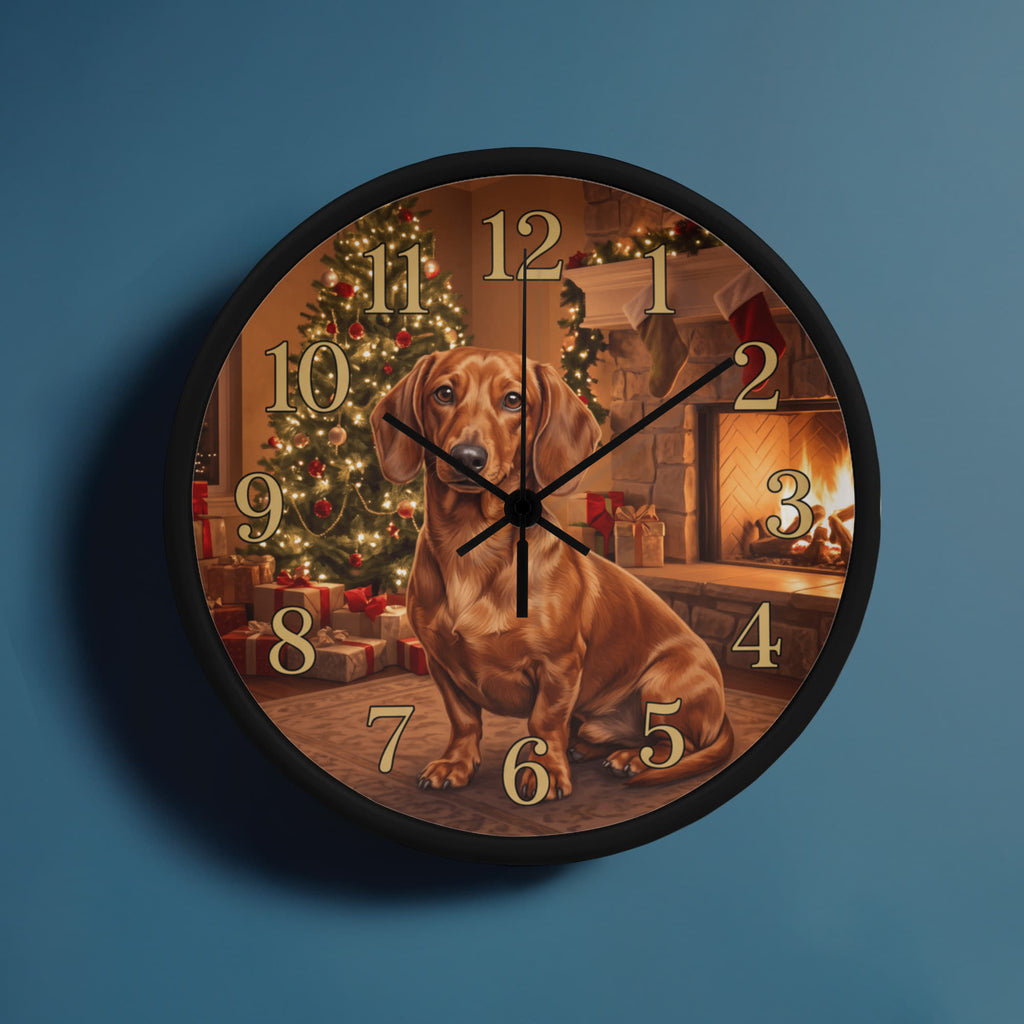 Dachshund Wooden Clock – "Christmas Fireside" Chocolate Wall Clock