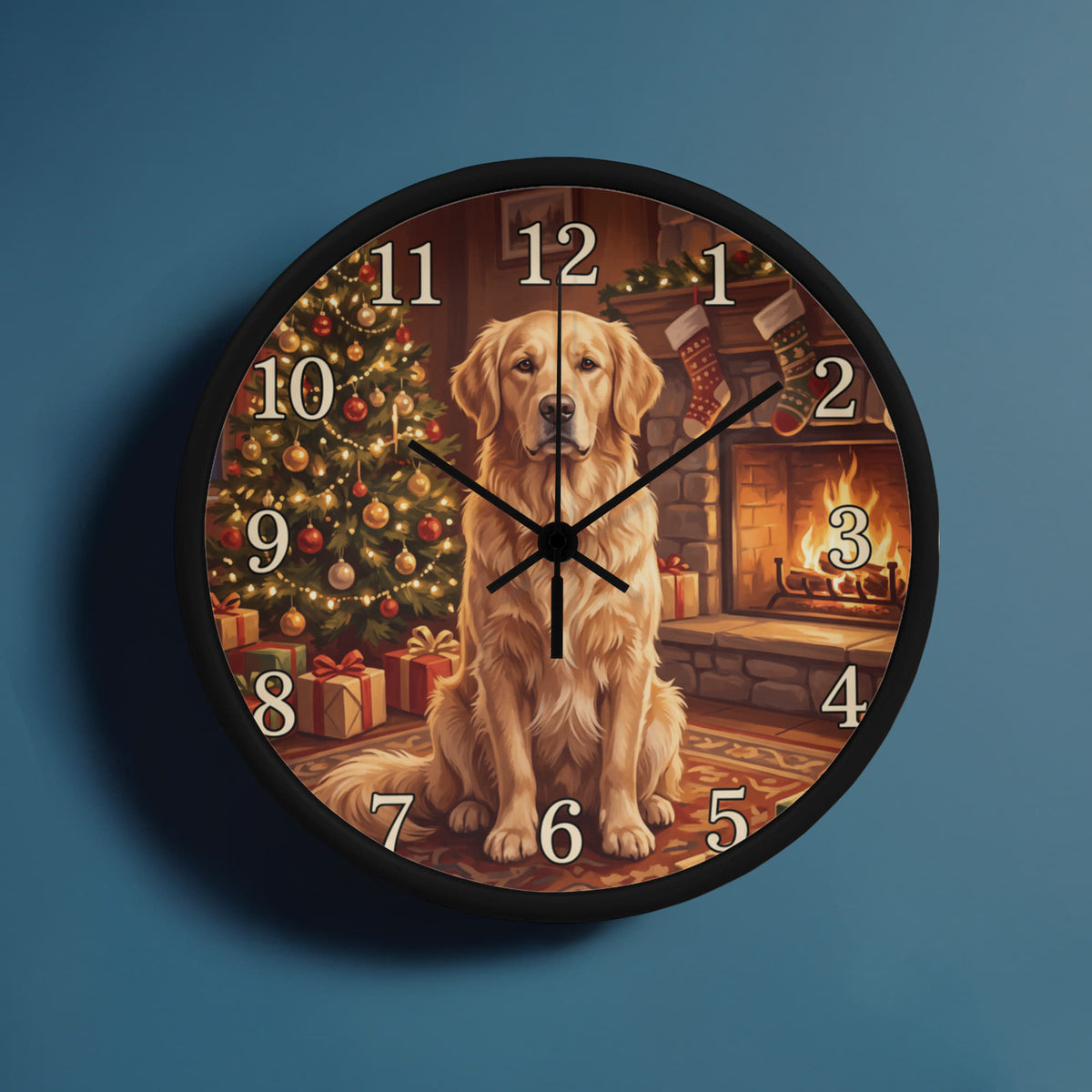 Golden Retriever Wooden Clock – "Christmas by the Fire" Wall Clock