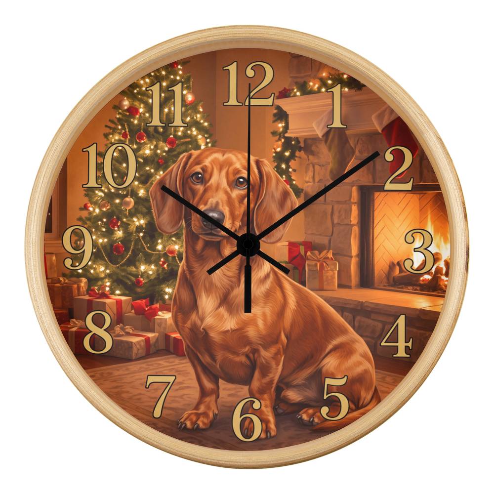 Dachshund Wooden Clock – "Christmas Fireside" Chocolate Wall Clock