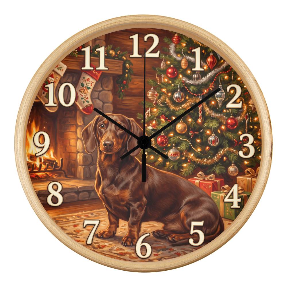 Dachshund Wooden Clock – "Warm Christmas Fireside" Wall Clock