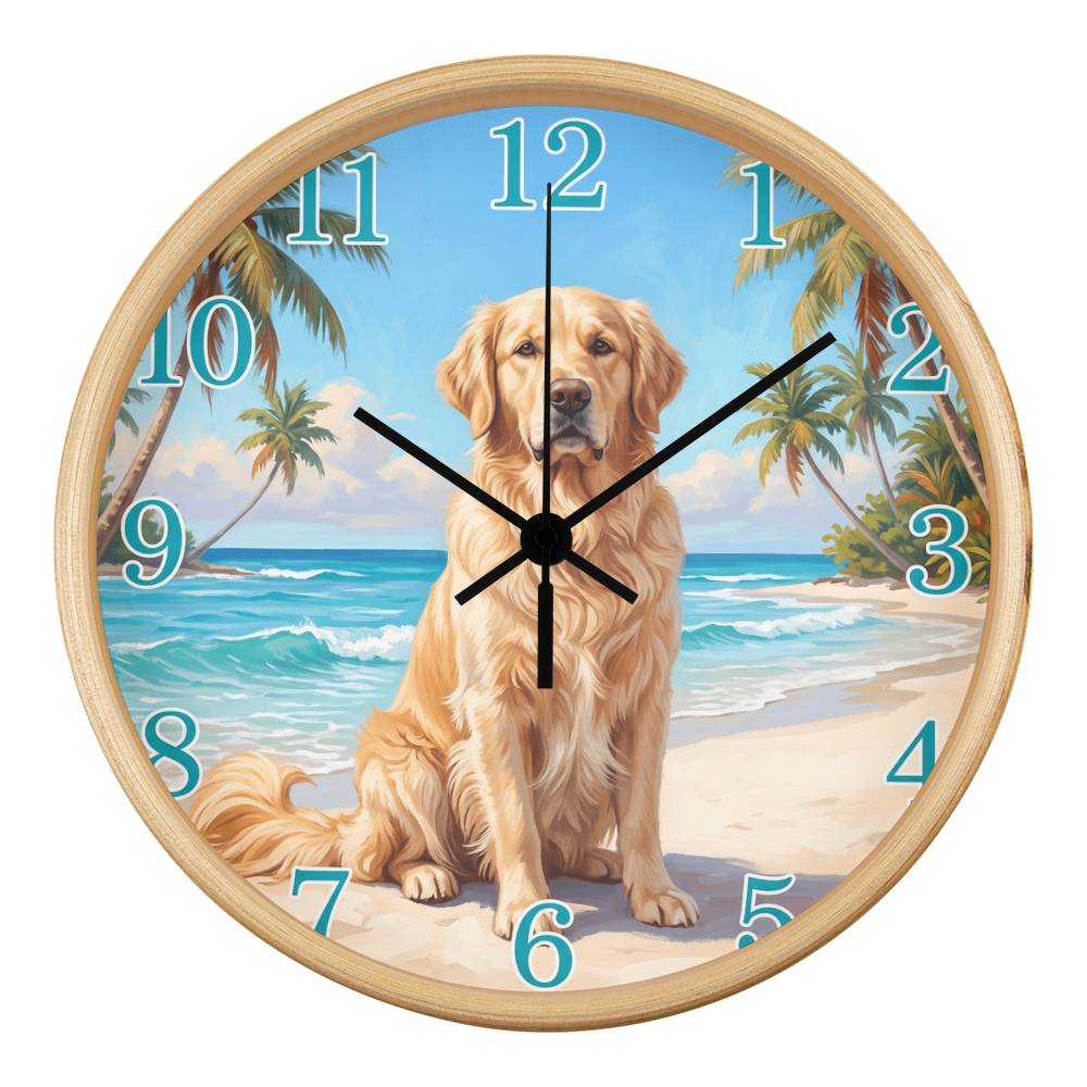 Golden Retriever Wooden Clock – "Tropical Beach" Wall Clock