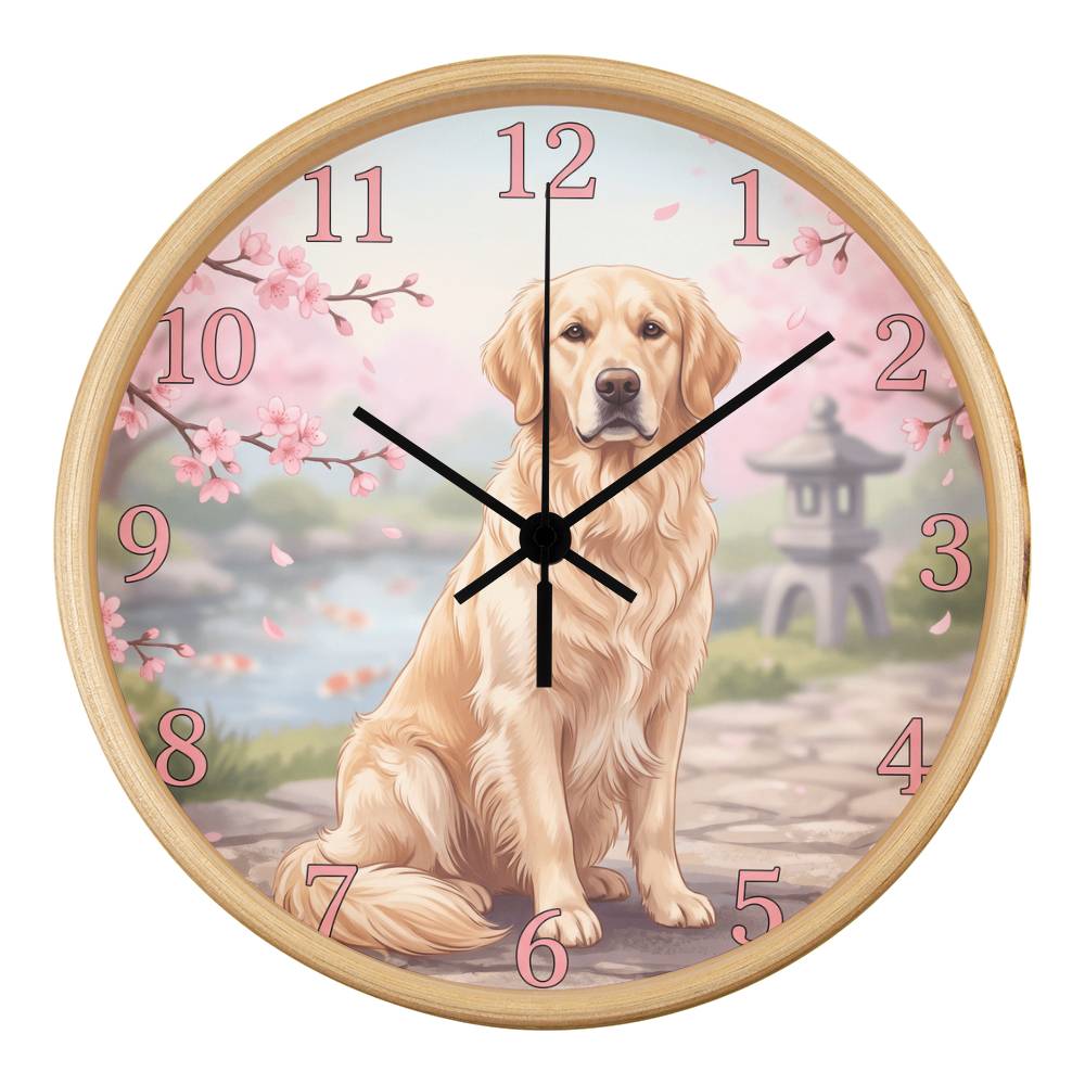 Golden Retriever Wooden Clock – "Cherry Blossom Garden" Wall Clock