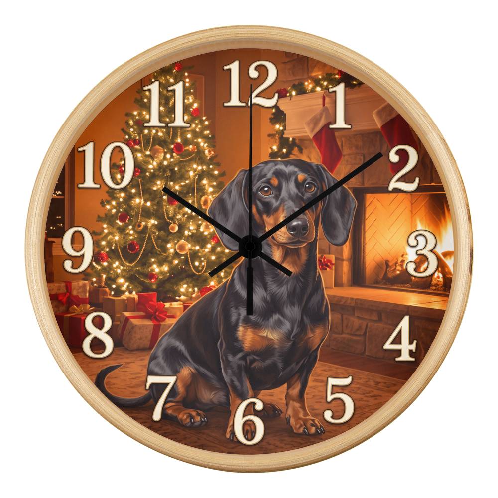 Dachshund Wooden Clock – "Christmas Fireside" Red Wall Clock