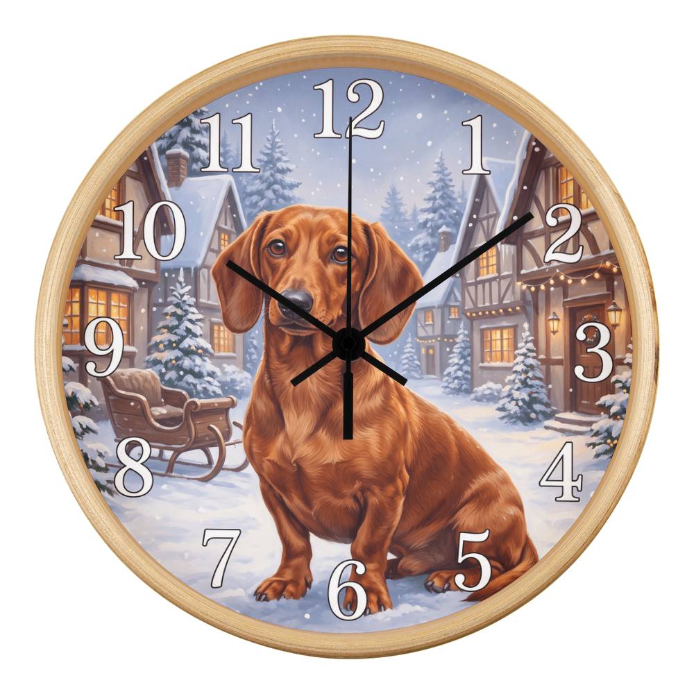 Dachshund Wooden Clock – "Snowy Village" Red Wall Clock