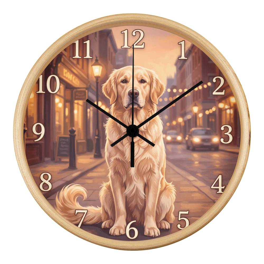 Golden Retriever Wooden Clock – "Golden Hour Street" Wall Clock