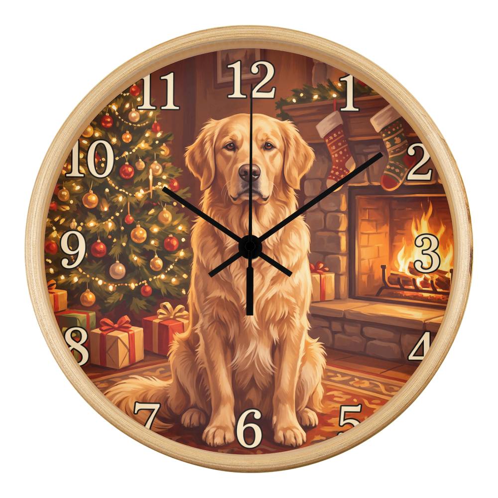 Golden Retriever Wooden Clock – "Christmas by the Fire" Wall Clock