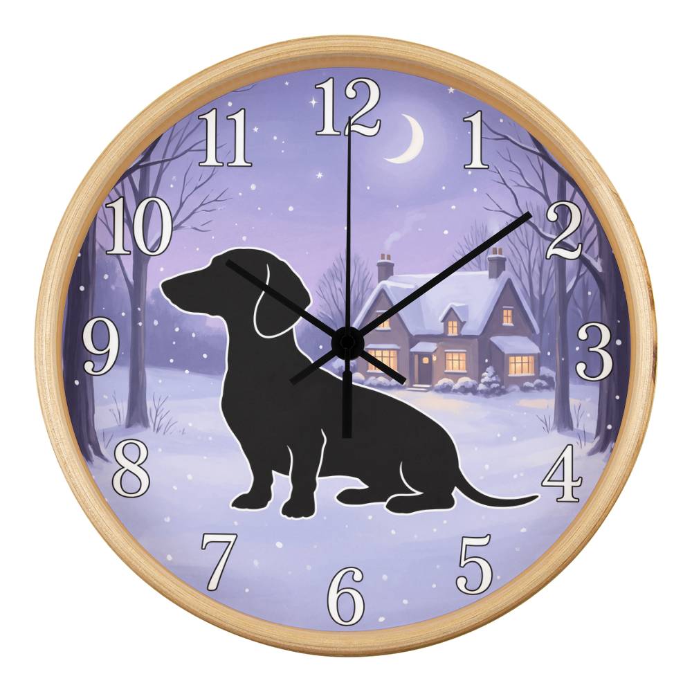 Dachshund Wooden Clock – "Winter Cottage Silhouette" Wall Clock